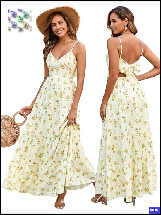 Dresses & Skirts - Floral Maxi Sundress Boho V Neck Spaghetti Strap Backless Bow Tie Beach Dress